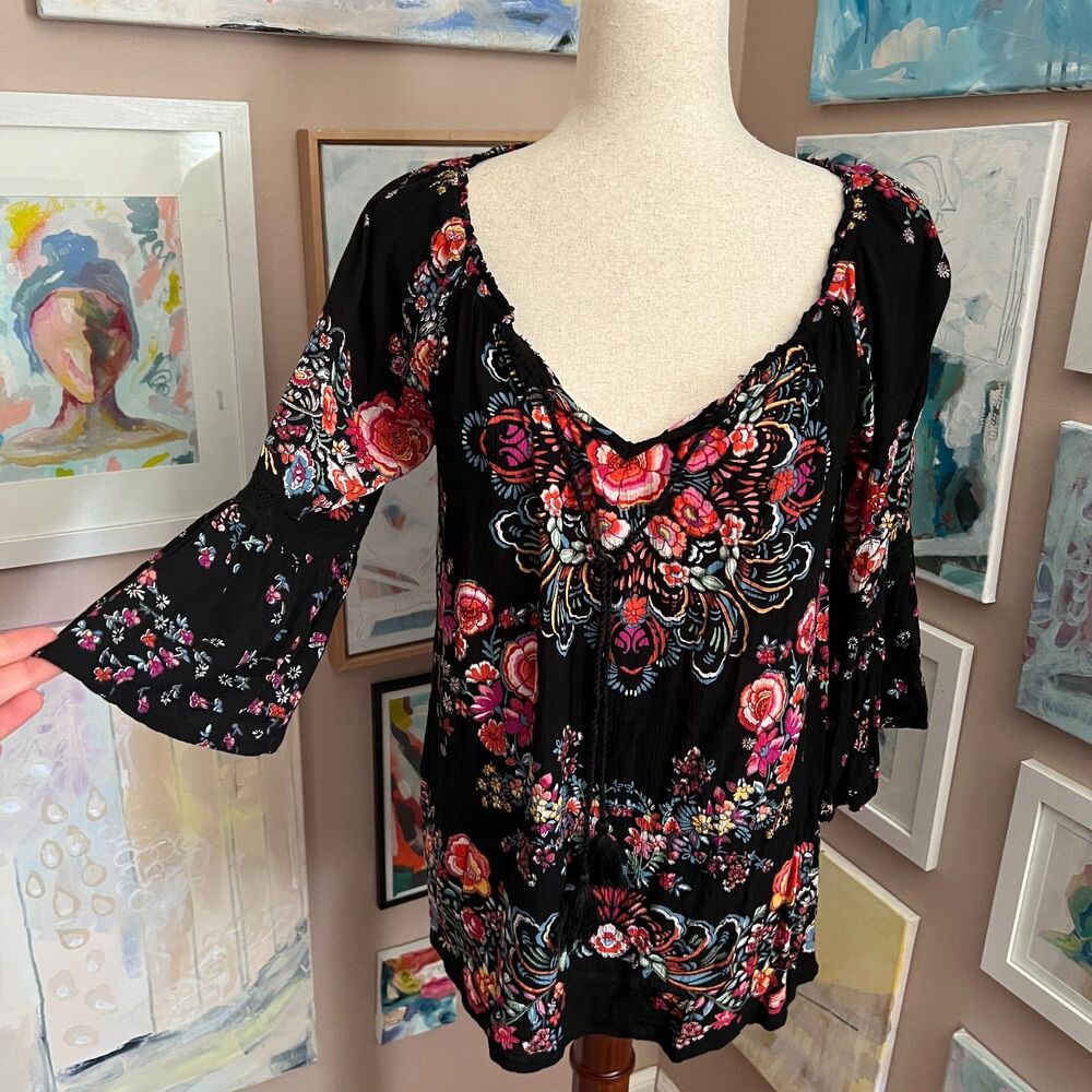 Bila Anthropologie Black Floral Boho Peasant Blouse Romantic Festival Top Size S